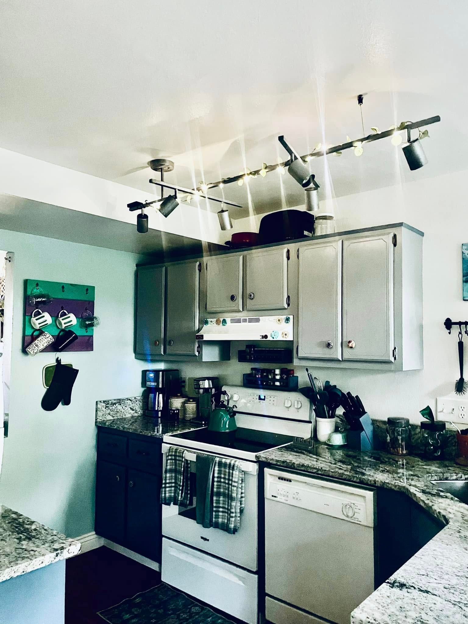 Kitchen with stainless steel cabinets, white appliances, track lighting, and colorful art.