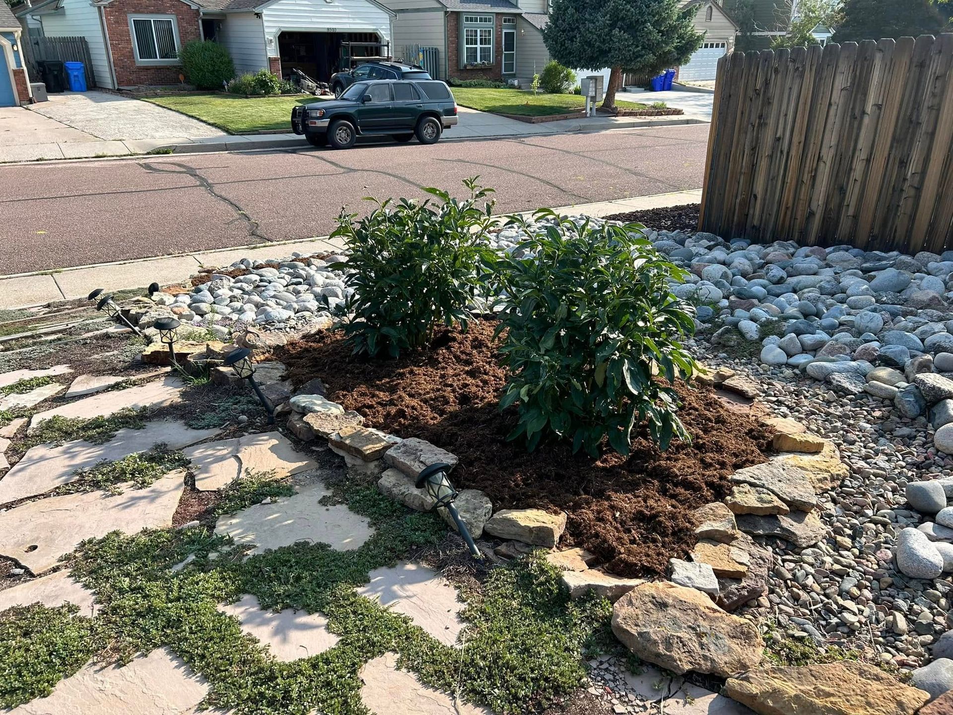 A landscaped front yard with two green bushes, mulched bed, and stone pathway.