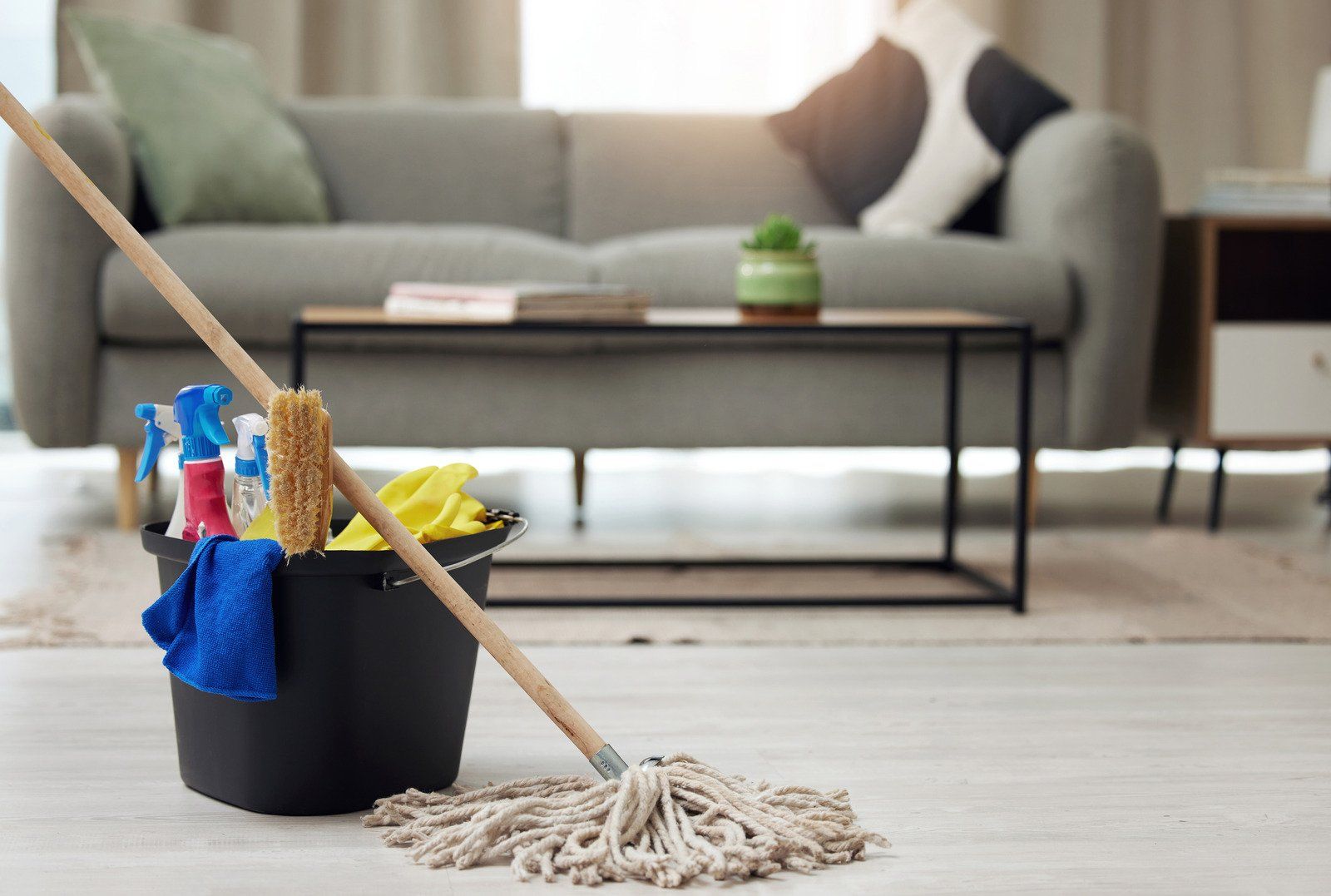 A black bucket with cleaning supplies and a mop on the floor in front of a living room with a couch and coffee table.