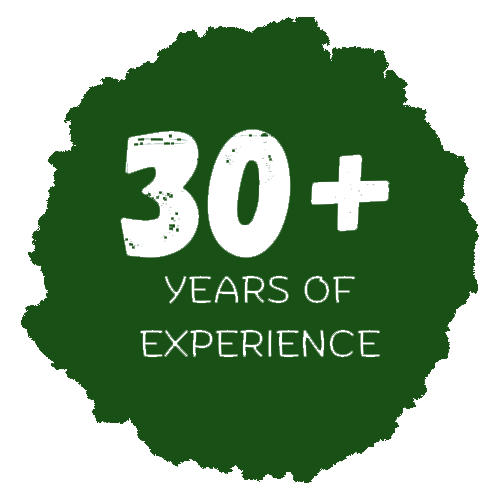 A green circle with the words `` 30+ years of experience '' written inside of it.