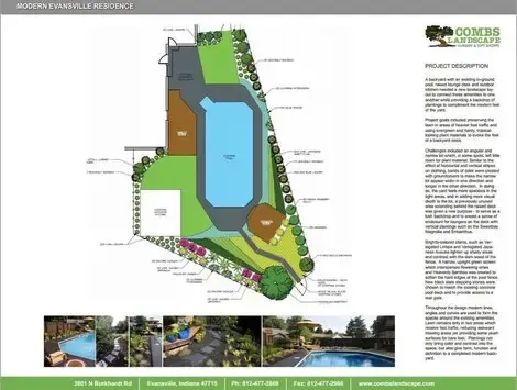 A drawing of a swimming pool with a lot of plants around it