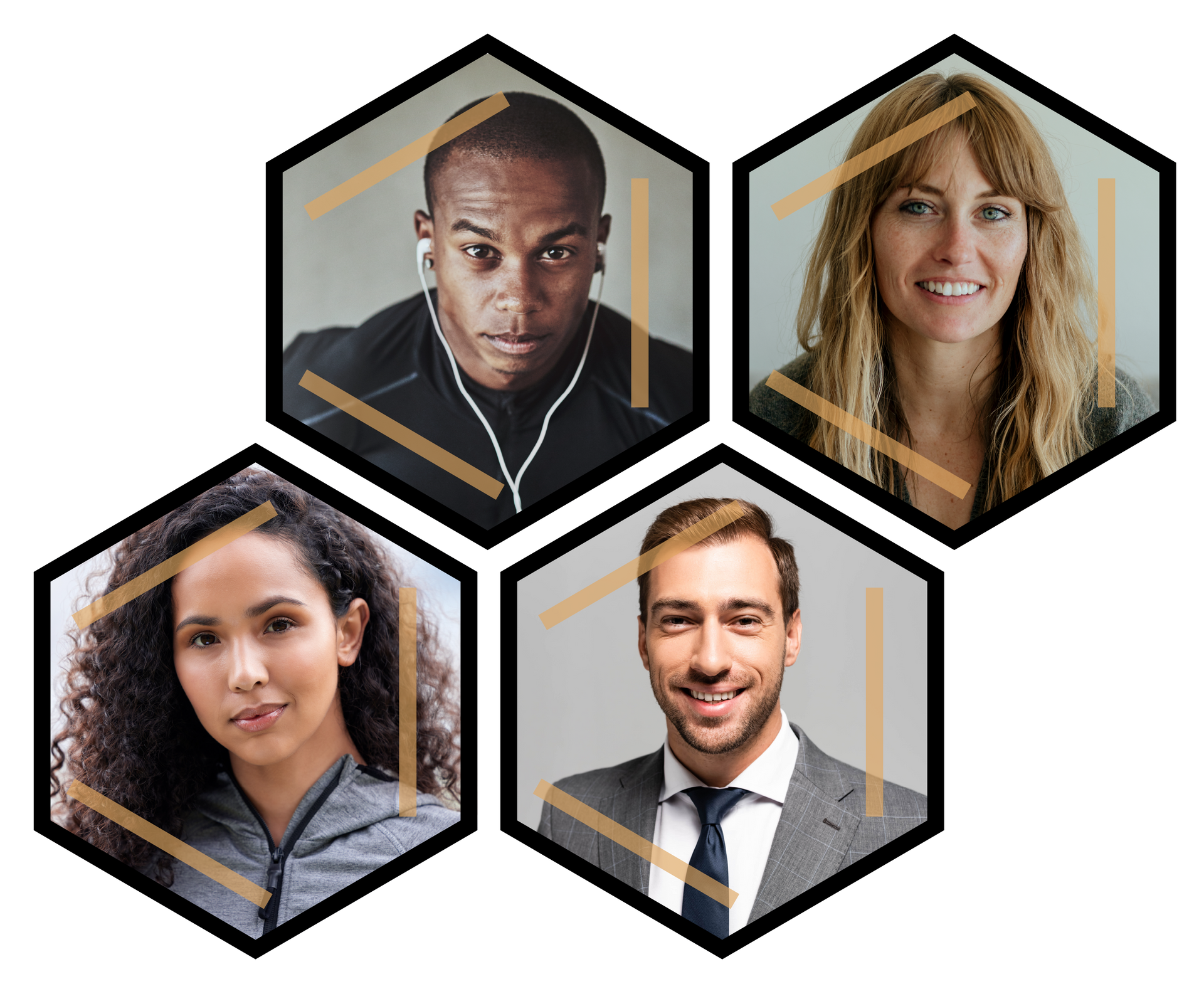 A group of people are standing next to each other in hexagons.