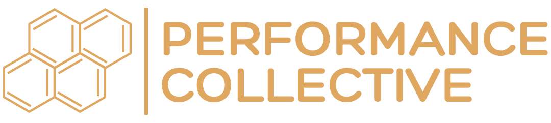 The logo for performance collective is a gold logo with a hexagon in the middle.