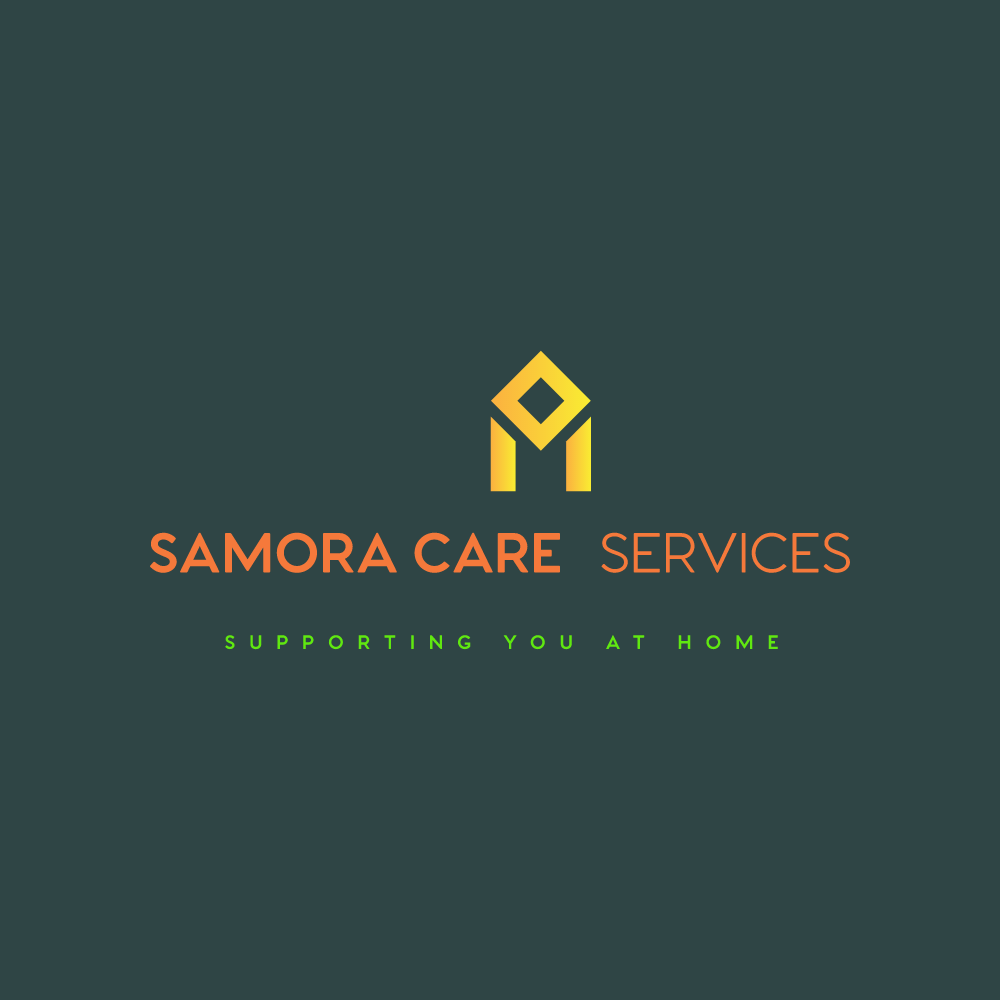 Logo for Samora Care Services. A yellow house-shaped emblem above text in orange and green,