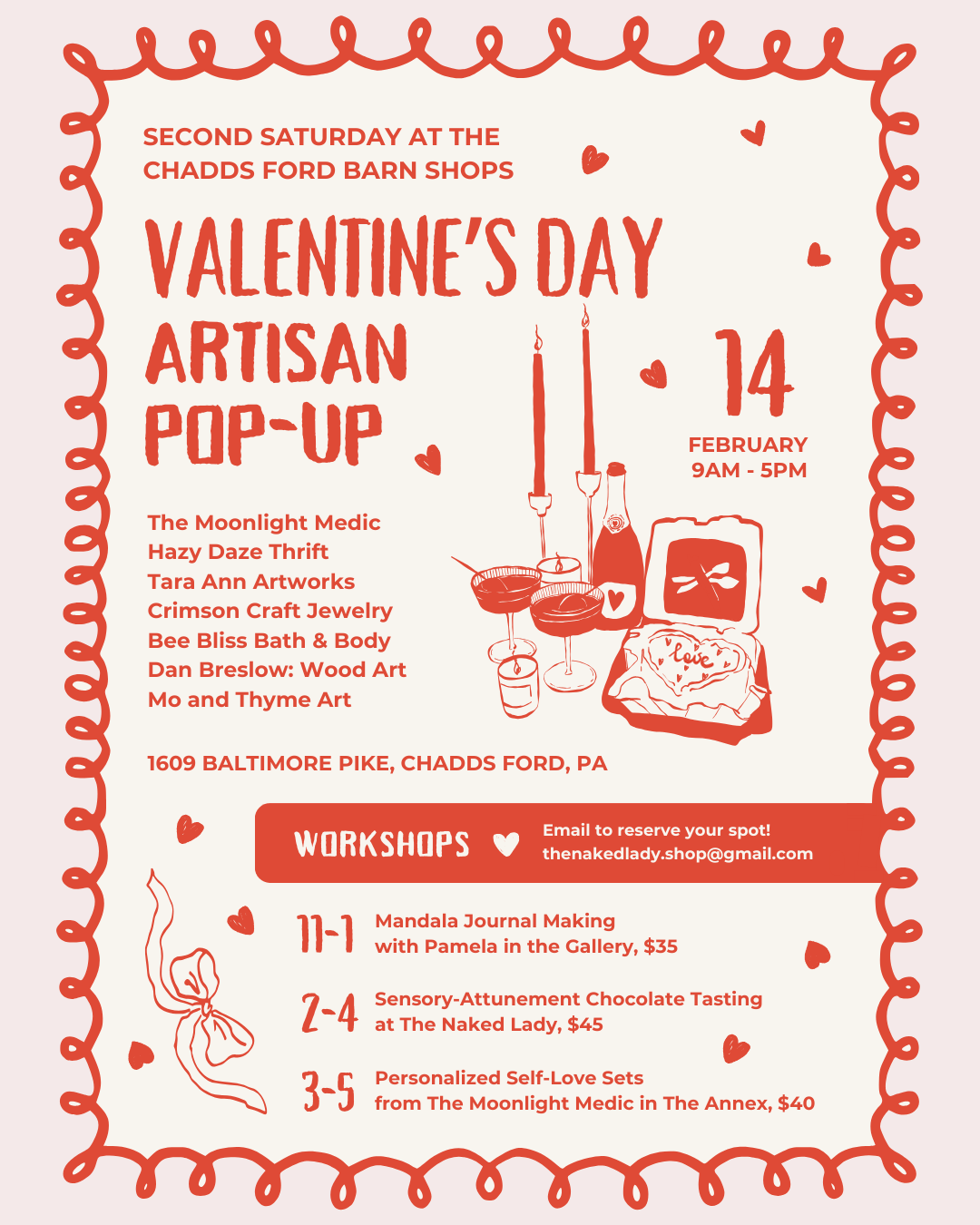 Valentine's Day artisan pop-up event flyer with date, vendors, workshops, and location.