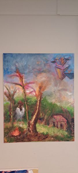 Painting of a landscape featuring trees, a small building, and a stylized flying object against a blue and pink sky.
