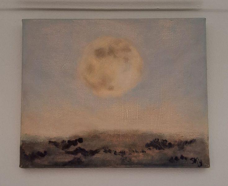 Moon over dark landscape, muted blues and browns. Canvas art.