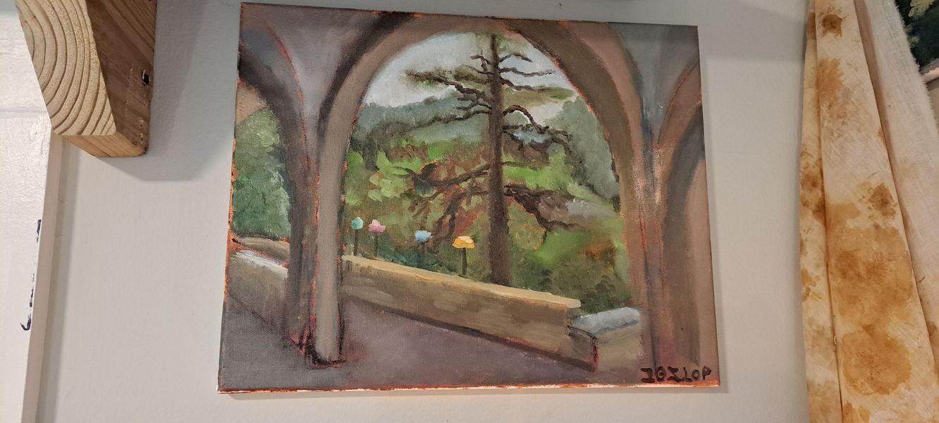 Painting of a landscape seen through archways. Green trees and hills are in the background, a road and lampposts below.