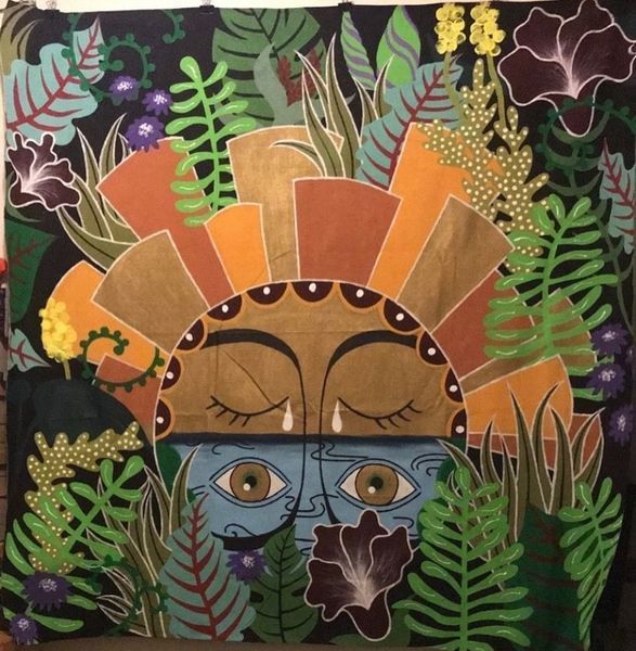 Illustration of a face with eyes and mustache, with a sunburst above it, surrounded by plants and flowers.