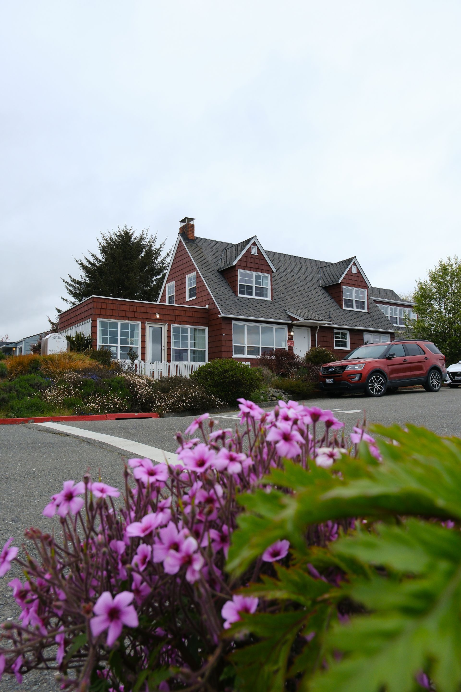 A red car is parked in front of a house with purple flowers in the foreground.