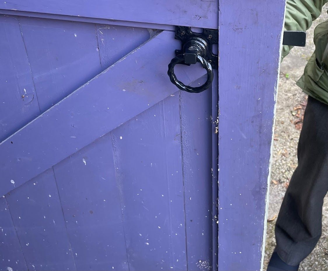 A person standing next to a purple wooden door