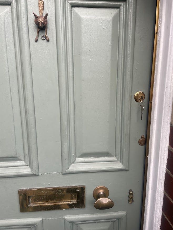 A close up of a door with a cat hanging on it.