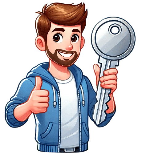 A man is holding a key in front of a house and giving a thumbs up.