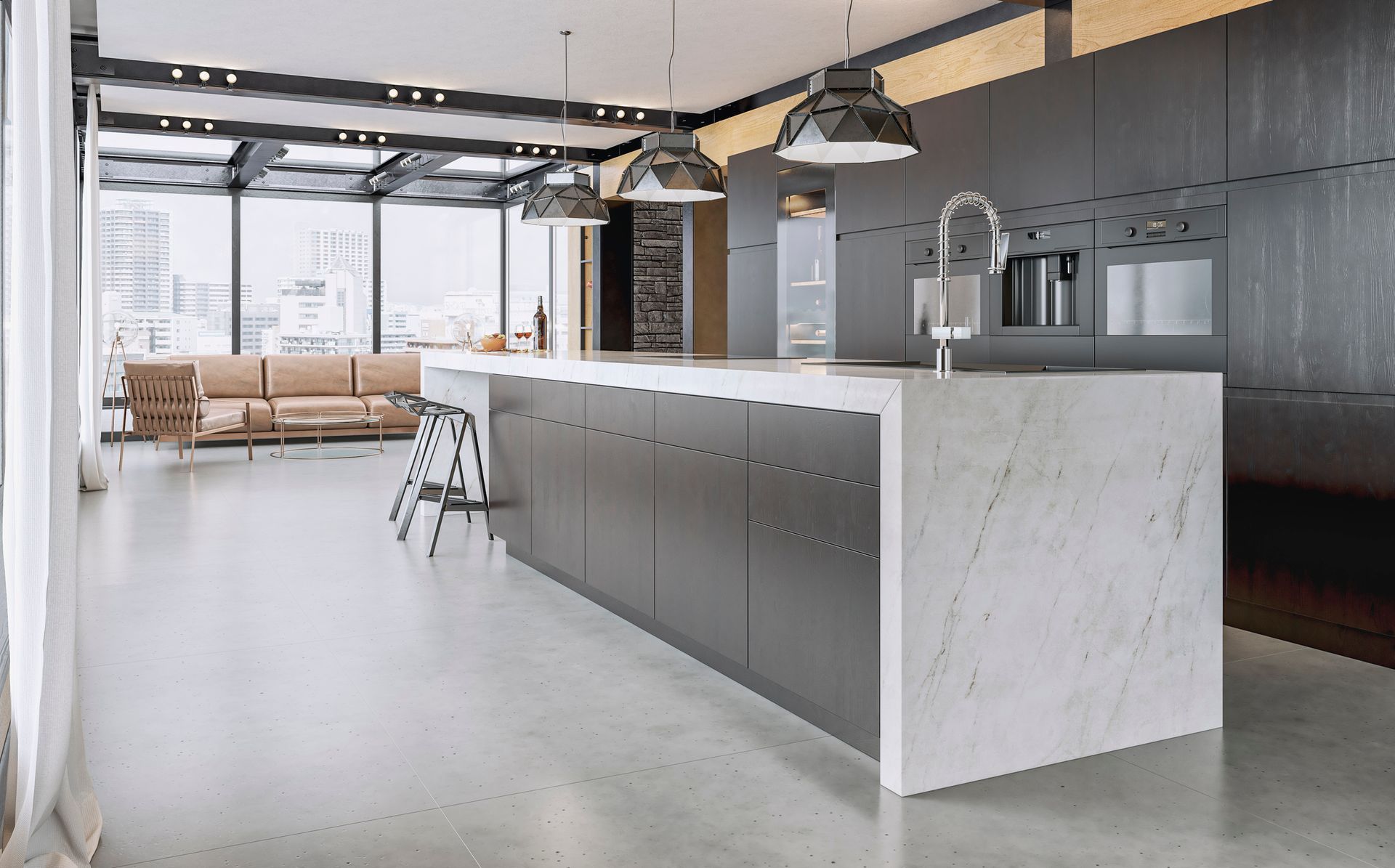 Luxurious kitchen with marble island and pendant light fixtures.