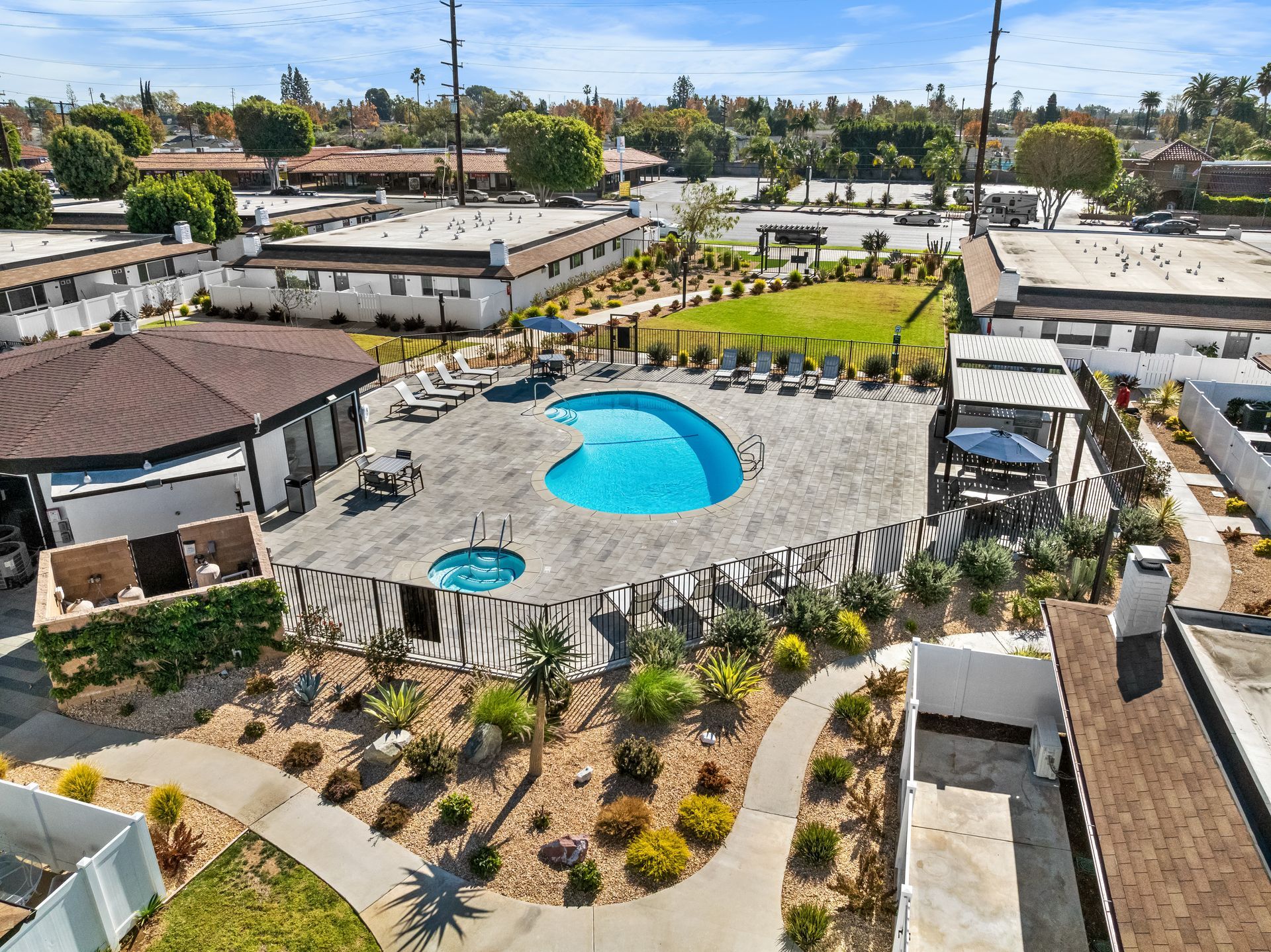 Overhead view of pool and landscaping