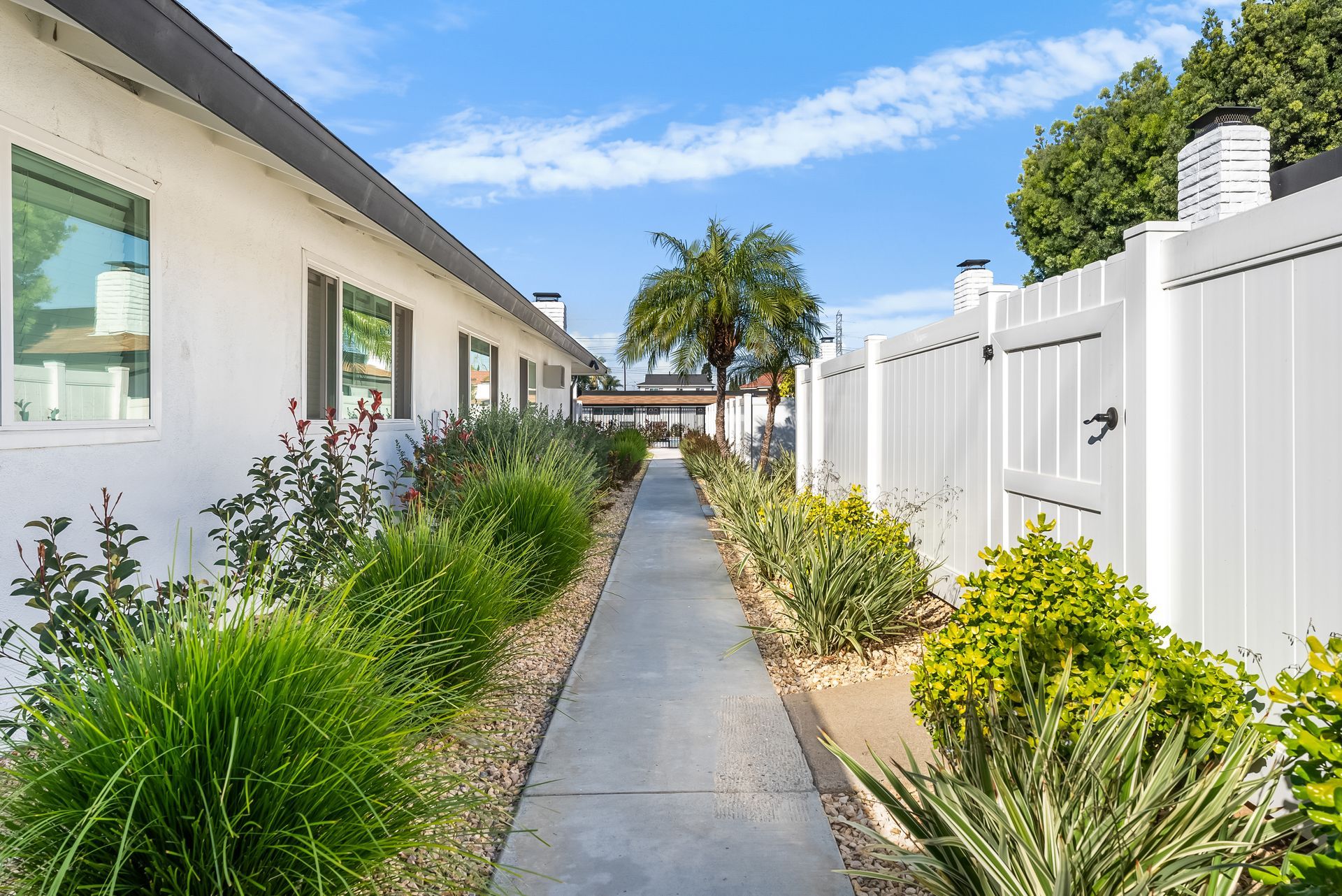 walkway lined by windows and fences