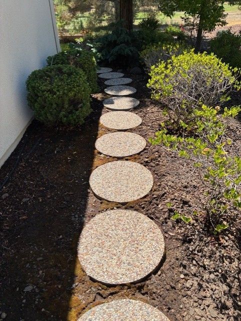 Cleanup King LLC - Circular stepping stones in a garden bed, leading along a building's wall and between bushes.