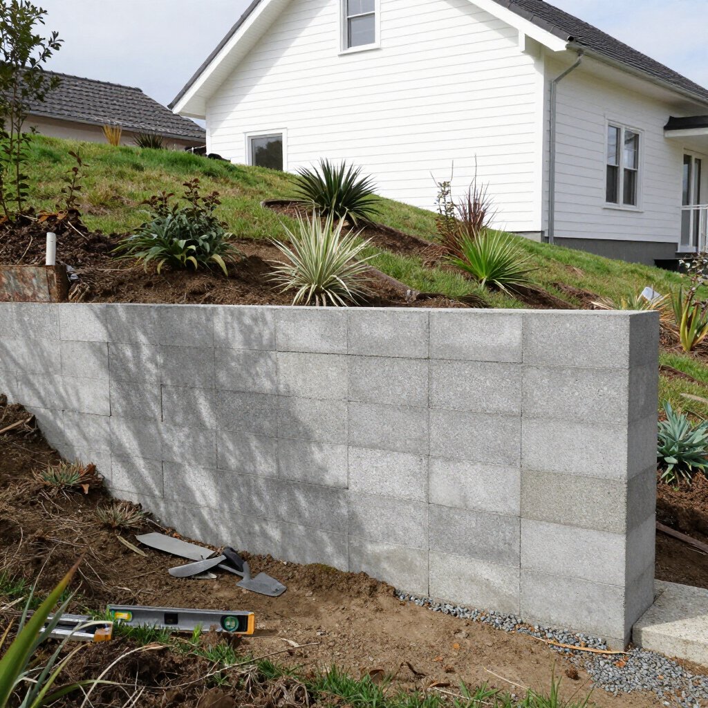A newly constructed grey concrete block retaining wall sits on a sloped hillside in front of a white house.