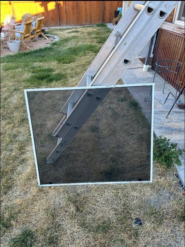 A screen door is sitting on the ground next to a ladder.