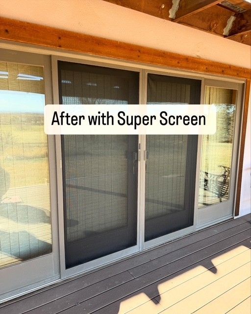 A picture of a sliding glass door with a sign that says after with super screen