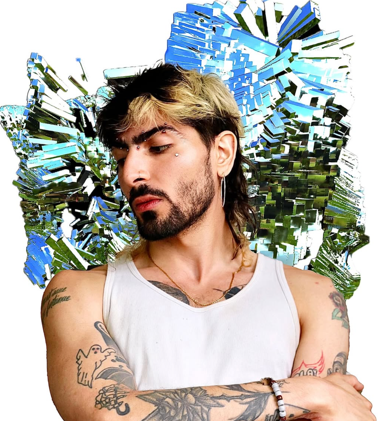 Man with tattoos, white tank top, blonde and dark hair, against a blue abstract background.