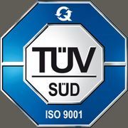 Logo della certificazione TÜV SÜD ISO 9001 in blu, bianco e nero.