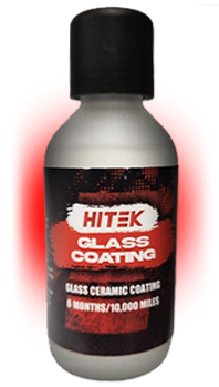 Hitek glass coating bottle with black cap and red and white label, set against a red glow.