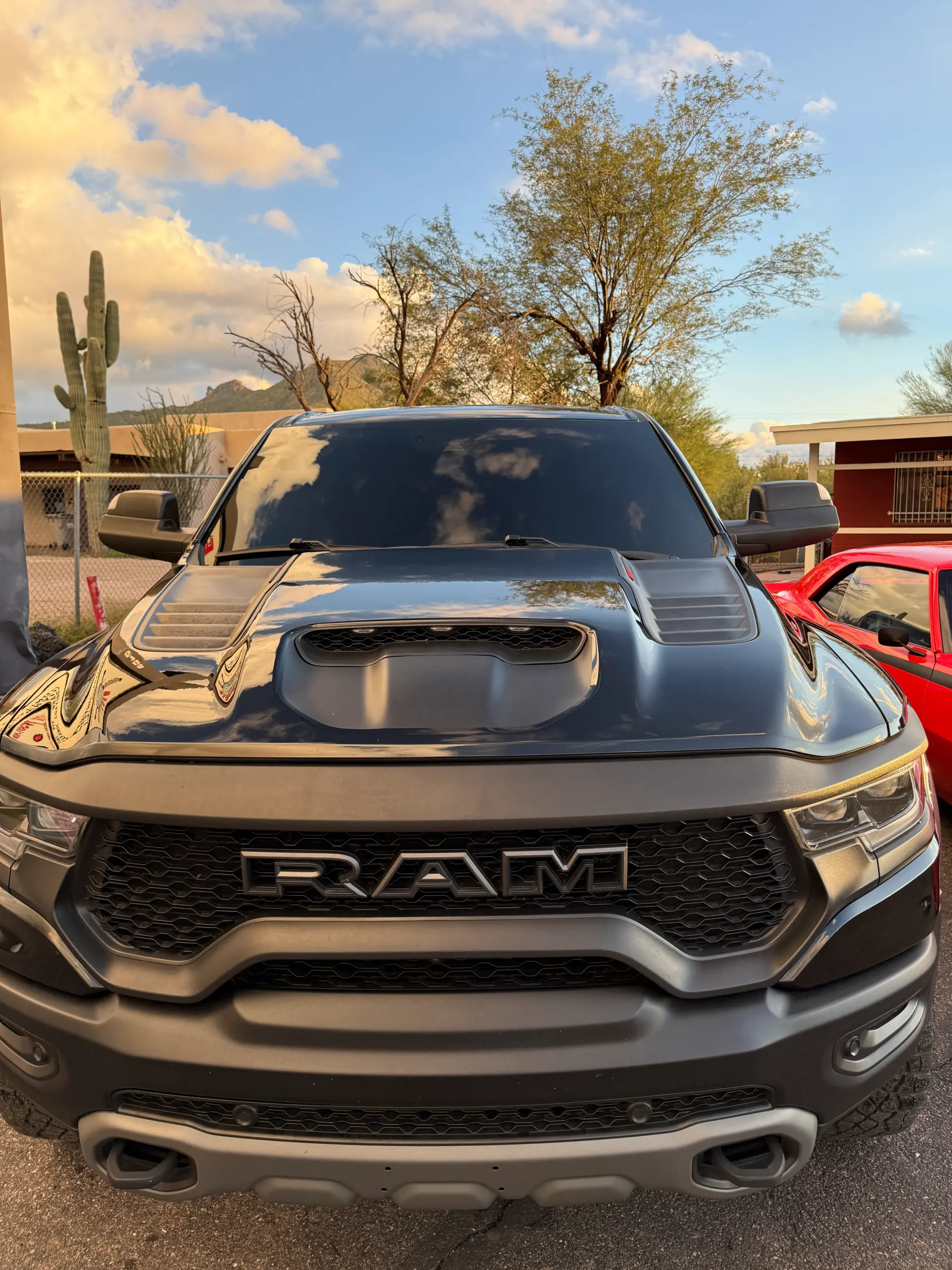 Black Ram TRX truck with tinted windows, parked outdoors near desert vegetation.
