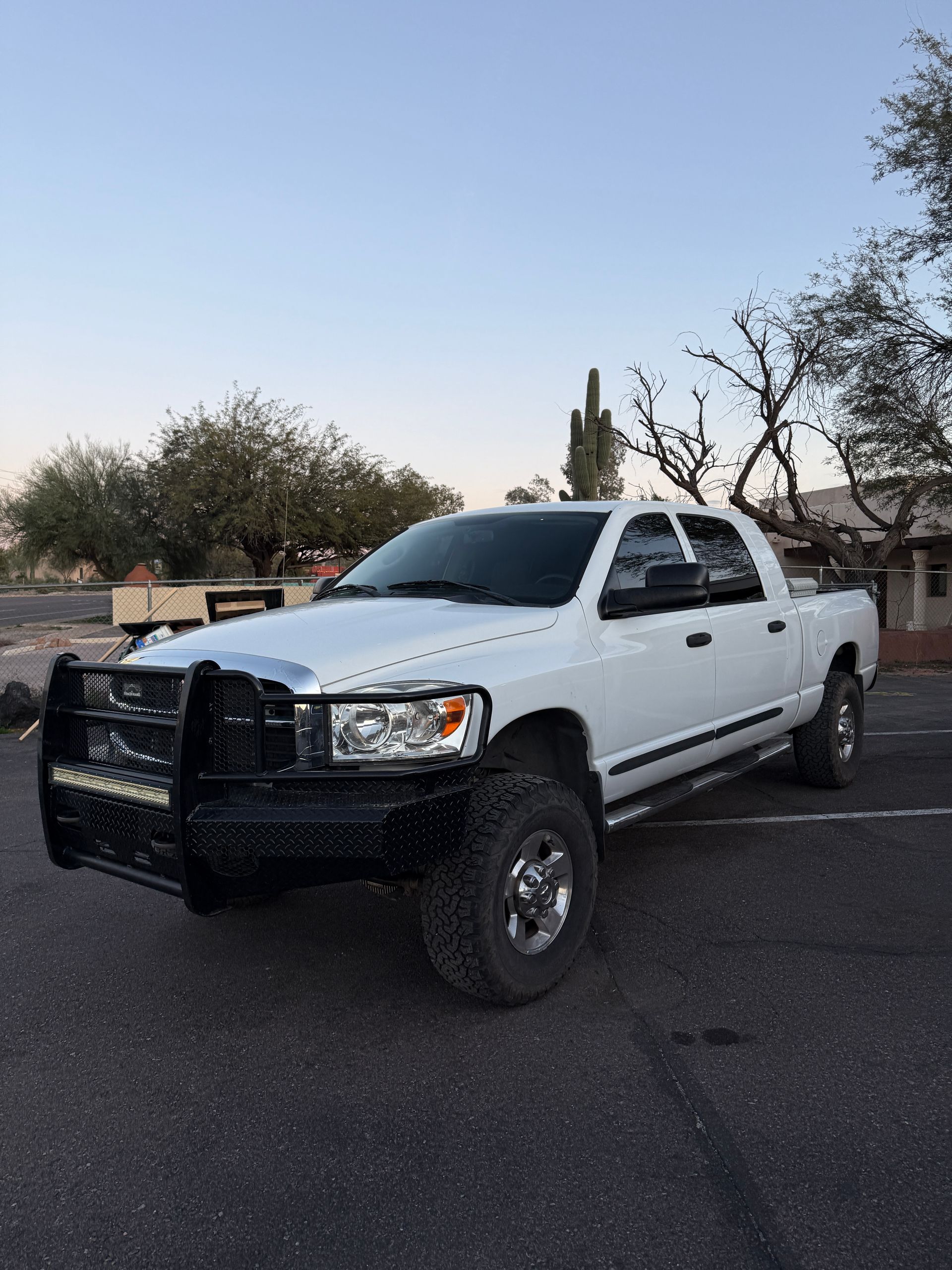 White Dodge Ram pickup truck with black brush guard parked outdoors.