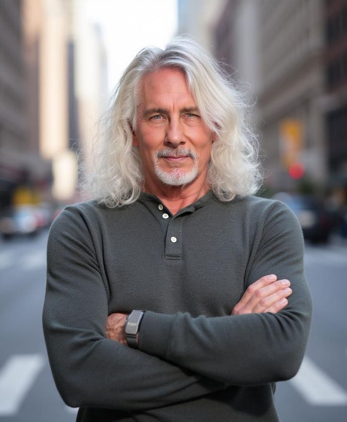 Man with long gray hair and arms crossed, standing in a city street.
