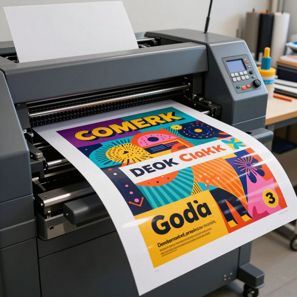 Una impresora de gran formato que imprime un póster de diseño gráfico vibrante y multicolor con patrones abstractos y texto.