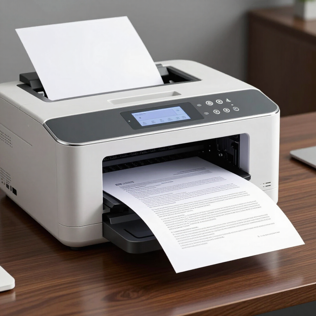Una impresora láser blanca sobre un escritorio de madera, imprimiendo un documento con texto.