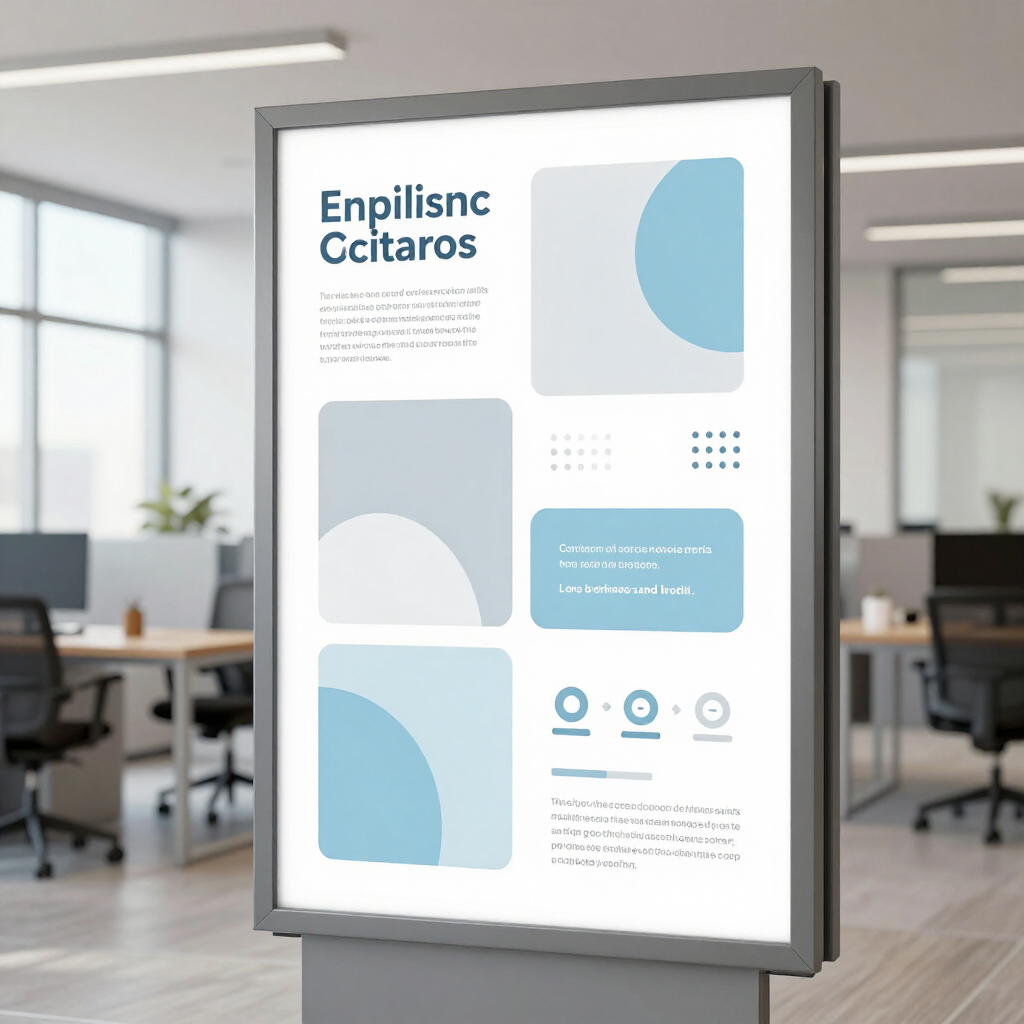 En una oficina se encuentra una pantalla publicitaria digital que muestra un diseño gráfico en azul y blanco con texto y formas abstractas.