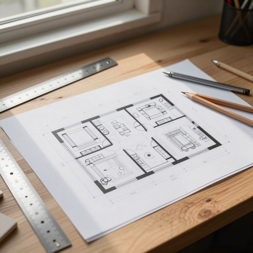 Sobre un escritorio de madera hay un plano de la casa, con una regla metálica, lápices y un bolígrafo cerca.