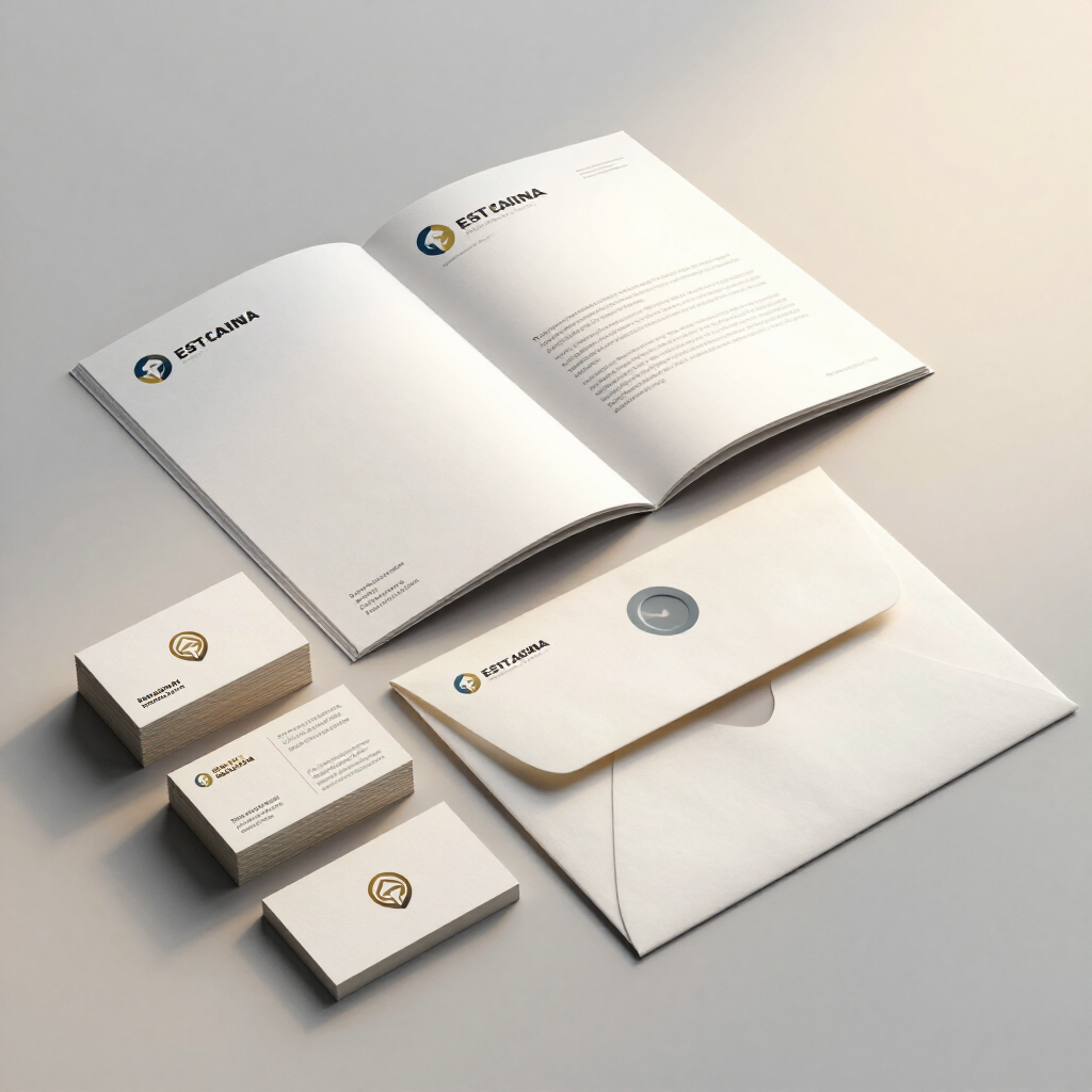 Un conjunto de elementos de imagen corporativa que incluye una carpeta para documentos, una pila de tarjetas de visita y un sobre sobre un fondo gris.