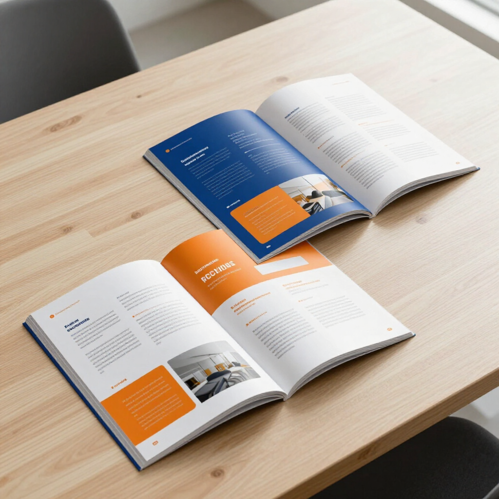Dos folletos abiertos con detalles en azul y naranja reposan sobre una mesa de madera de color claro.