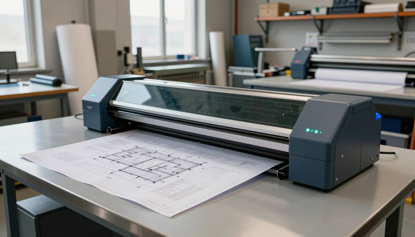 Una impresora plotter de gran formato sobre un escritorio en una oficina, procesando un documento con el plano de un edificio.