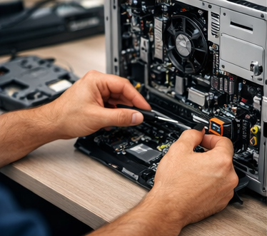 onsite technician repairing pc in Saint Gabriel, Louisiana on a desk with a philips screw driver. pc components can be seen on work desk