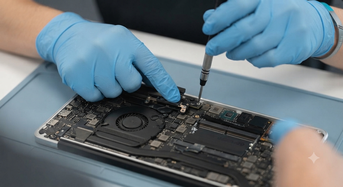 Technician repairing laptop motherboard
