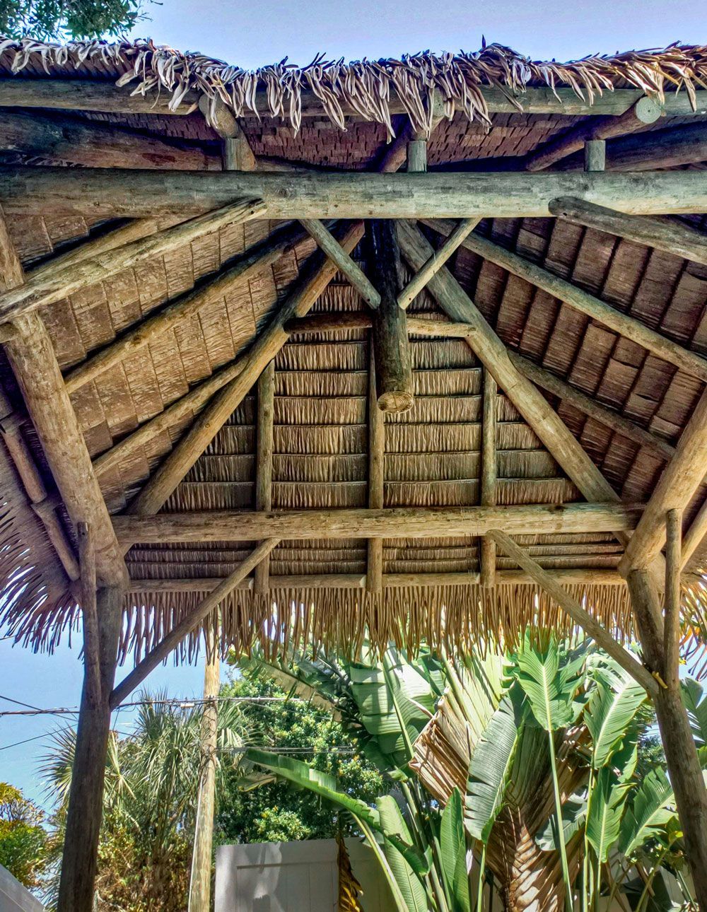 Wooden gazebo with thatched roof, palm trees and blue sky visible.