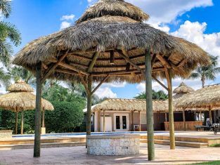 Gazebo with thatched roof, near a pool, with a building in the background. Sunny day. Gazebo with thatched roof, near a pool, with a building in the background. Sunny day.