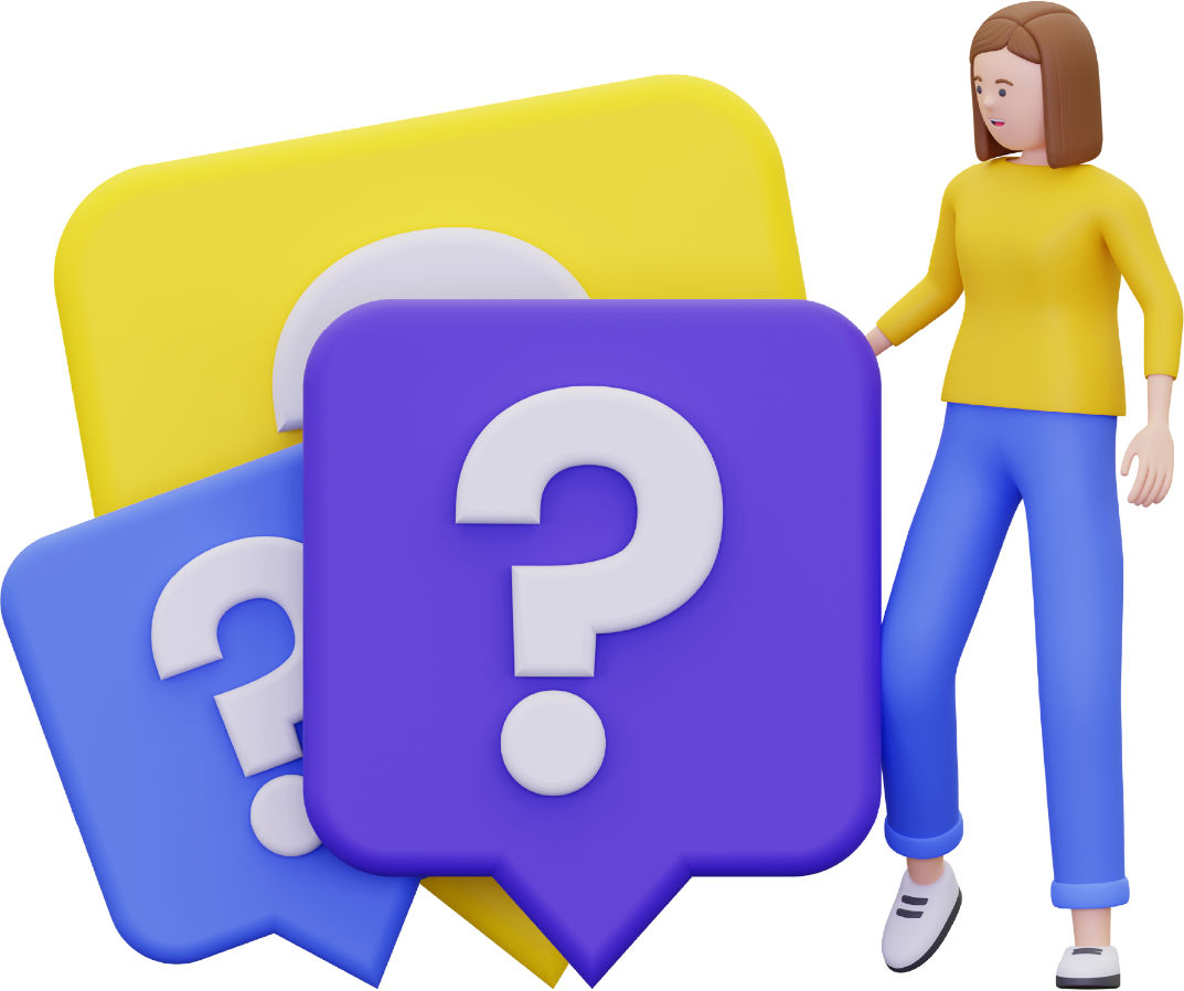 Woman stands near speech bubbles with question marks. Yellow, blue, and purple hues.