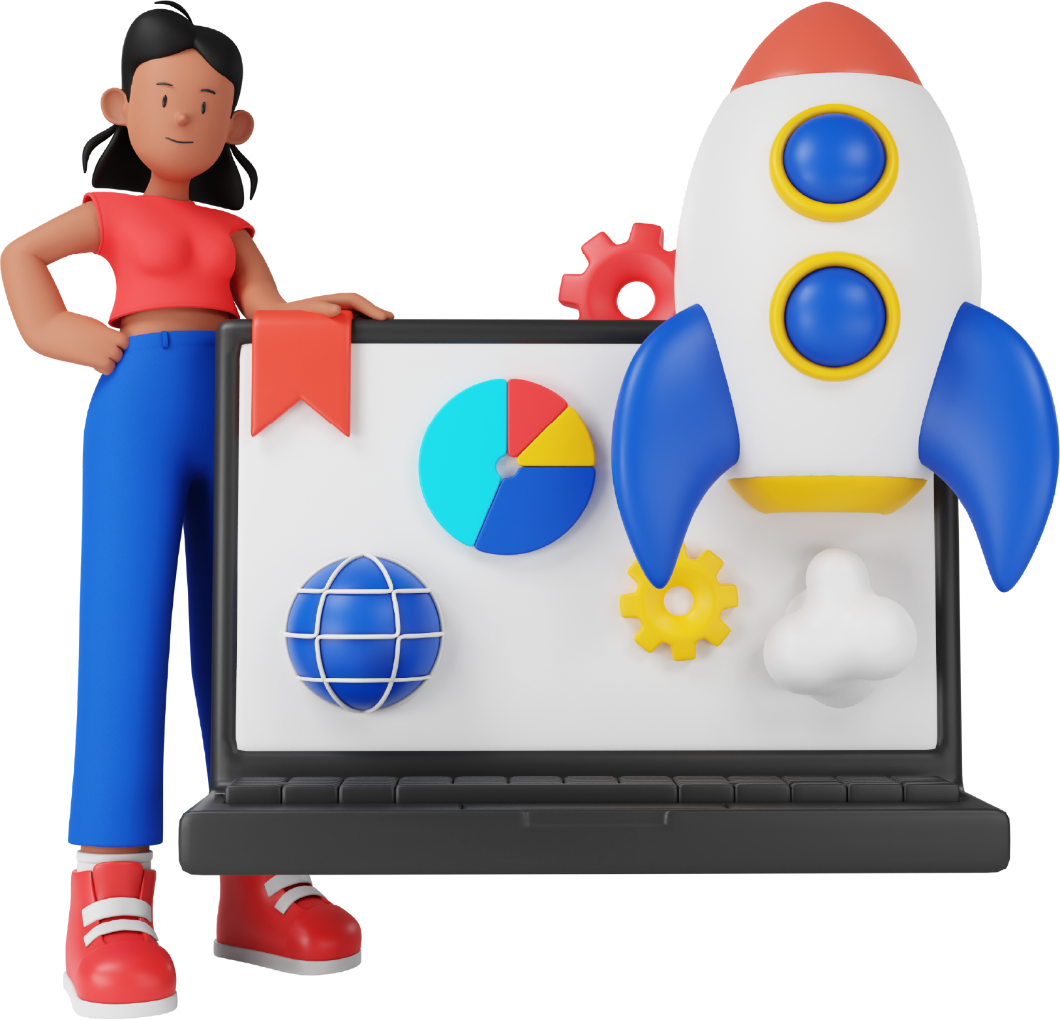 Woman stands by a laptop with a rocket, graphs, and a globe, promoting business growth and launch.