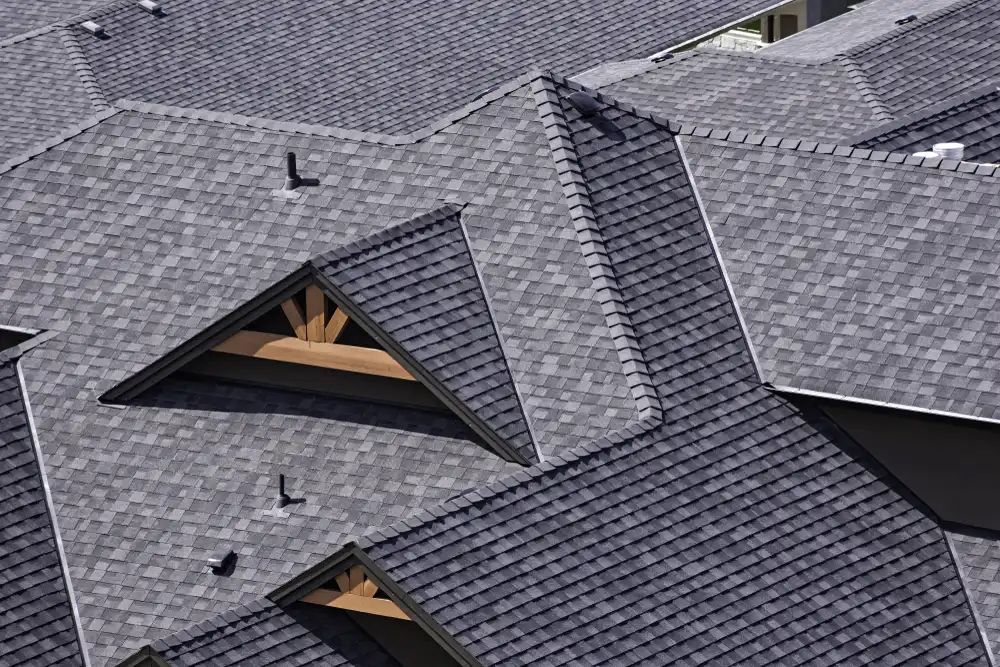 The roof of a house with a gray tile roof.