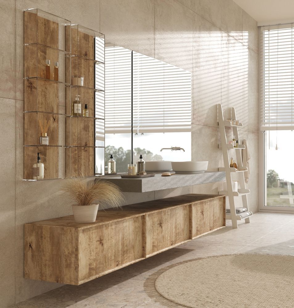 Modern bathroom with wooden vanity, shelves, and large mirror. Neutral tones, natural light.