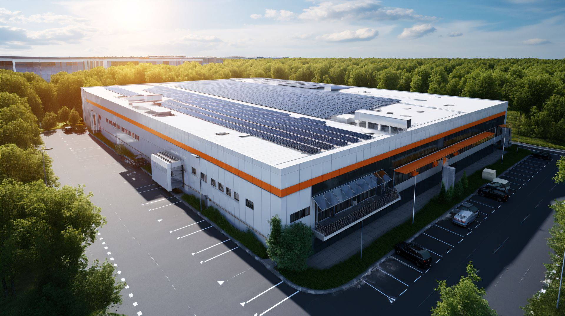 an aerial view of a large building with solar panels on the roof