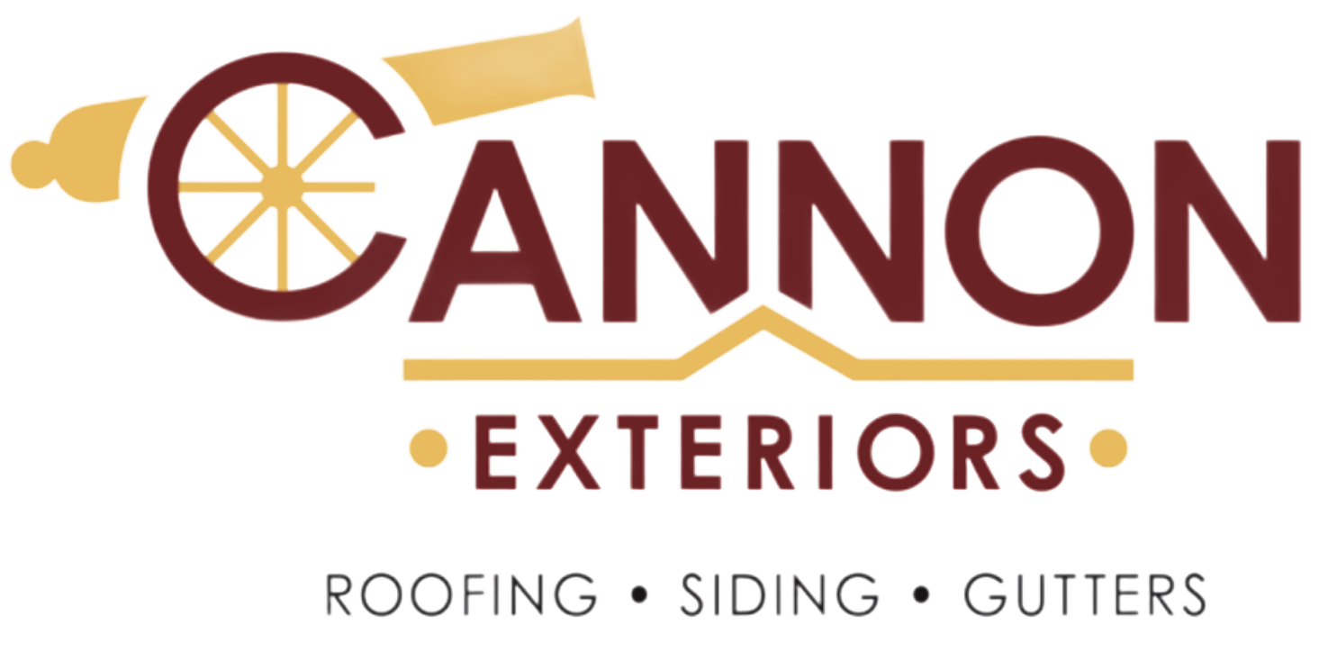 Cannon Exteriors logo with a yellow wheel and maroon text; roofing, siding, gutters tagline
