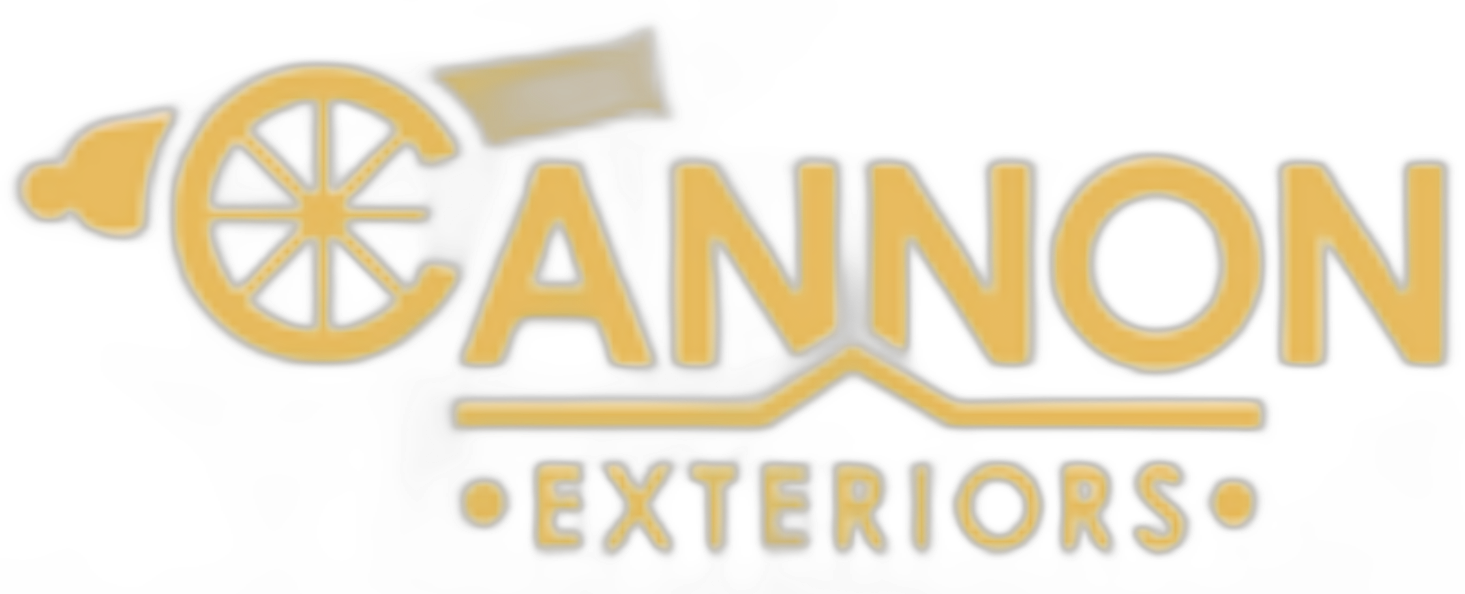 Tan Cannon Exteriors logo in gold with stylized cannon icon and text on white background