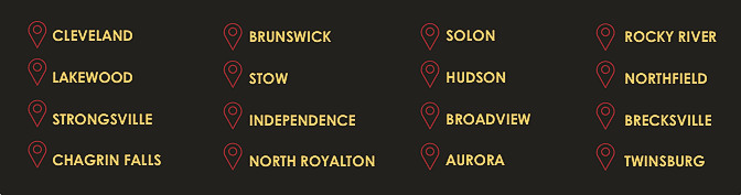 Dark map with Ohio city names and red location pins in rows on a black background