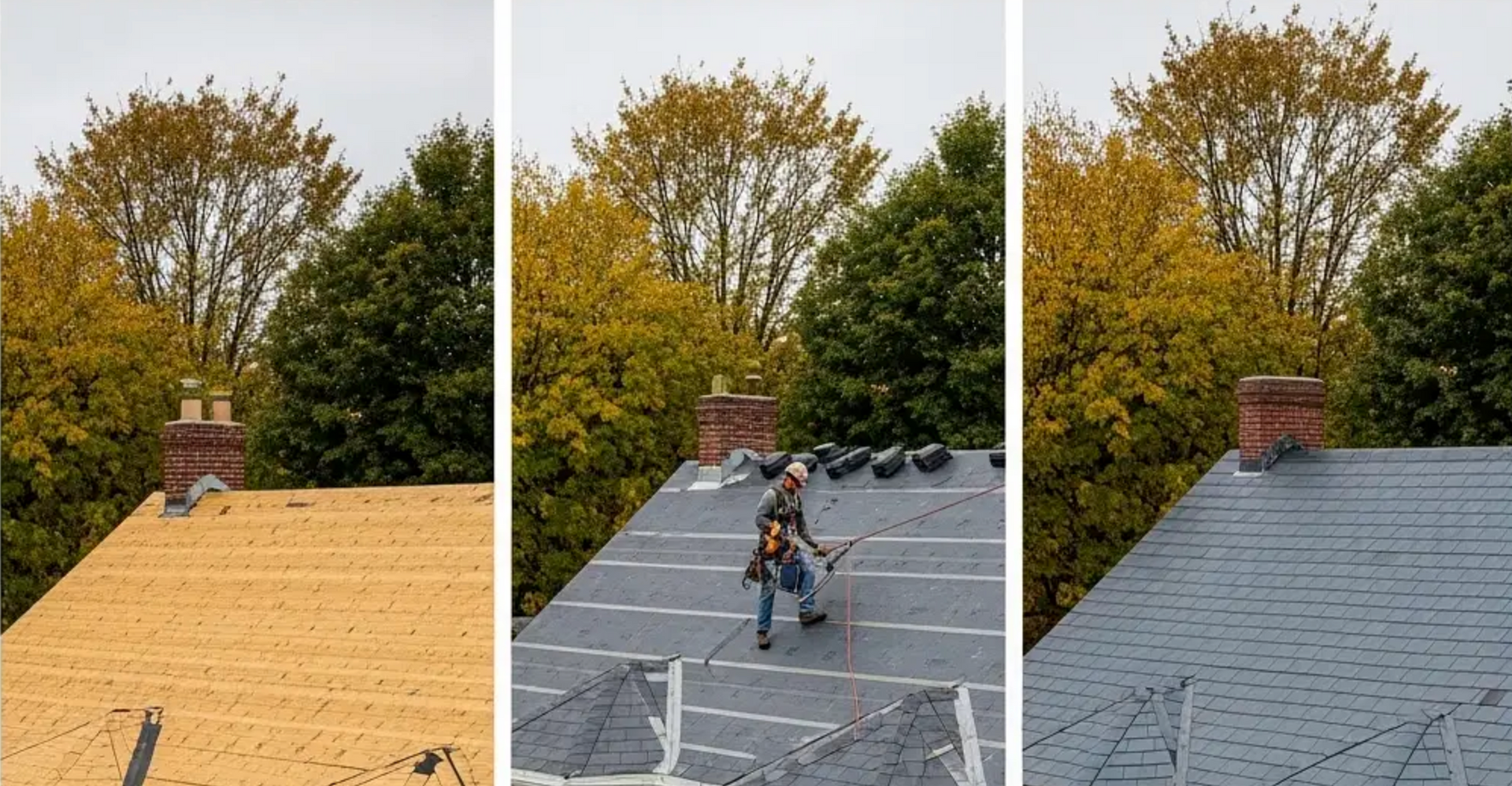 Three-panel roof repair sequence: old tan roof, workers on underlayment, finished gray shingle roof.